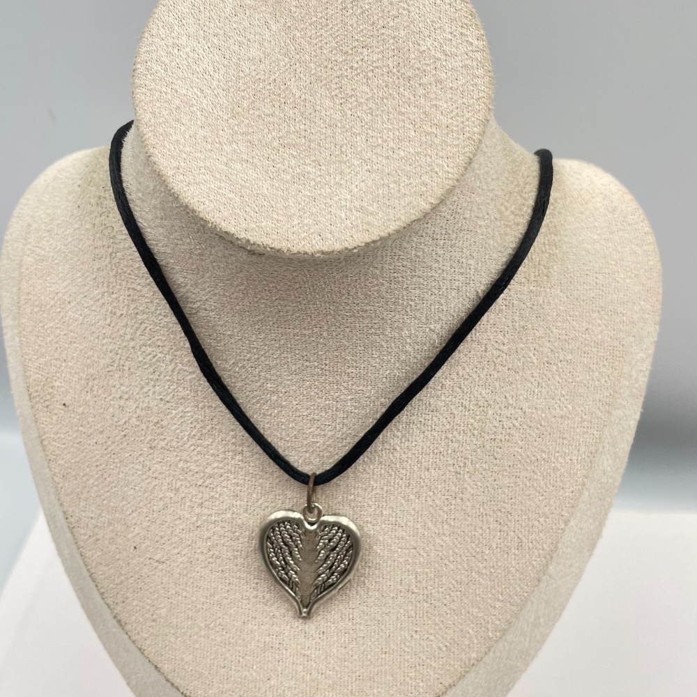 Vintage Angel Wing Heart Pendant Necklace Black Cord 22" Silver Tone Gothic Boho